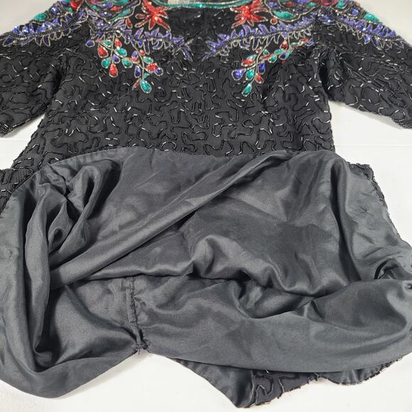 Carina Black Green Red Blue Sequins Beads Baubles Vintage Dress Medium - Picture 4 of 6